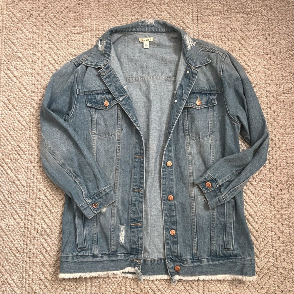 Miami Distressed Denim Jacket Medium Blue Wash Frayed Hem Oversized Womens M